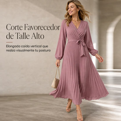 Vestido maxi plisado con cuello en V cruzado elegante para mujer
