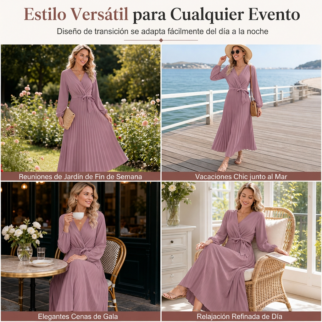 Vestido maxi plisado con cuello en V cruzado elegante para mujer