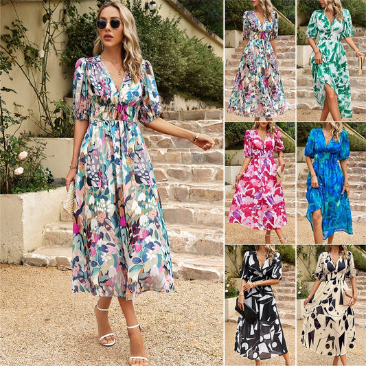 Elegante vestido estampado con escote en V en la cintura(Compre más gratis más)