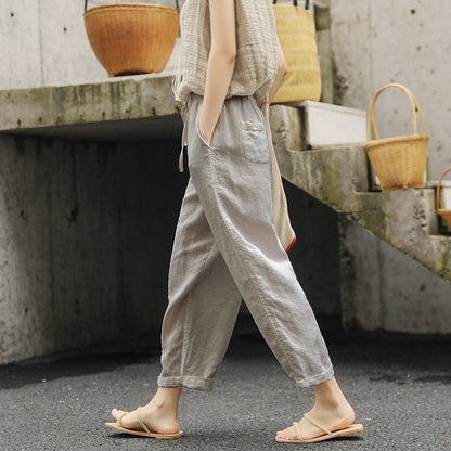 Pantalones casual vintage de algodón y lino con cintura elástica para mujer