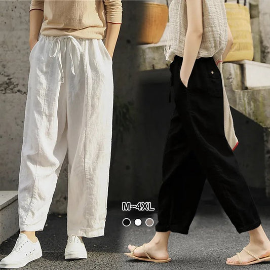 Pantalones casual vintage de algodón y lino con cintura elástica para mujer