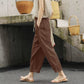 Pantalones casual vintage de algodón y lino con cintura elástica para mujer