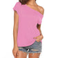 Blusa de manga corta con hombros descubiertos para mujer, estilo murciélago, ajuste holgado