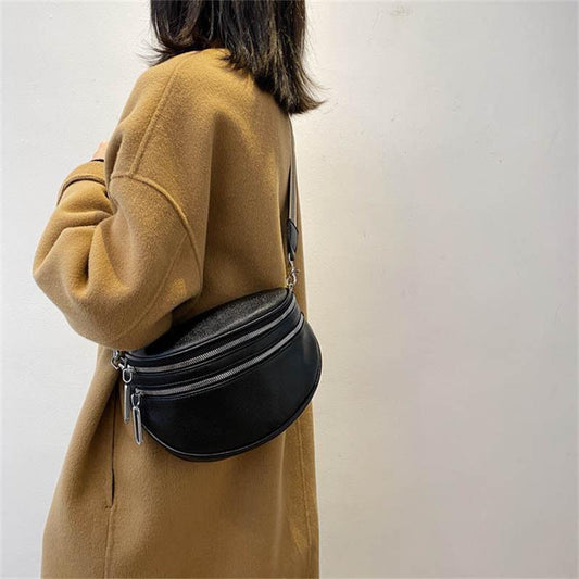 Bolso de pecho con múltiples bolsillos Bolso de sillín cruzado sólido de cuero para mujer
