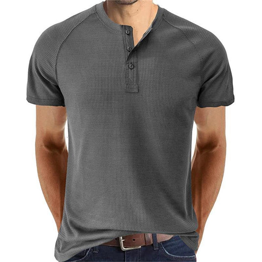 Camiseta informal de manga corta con cuello henley para hombre (compre dos envío gratis)