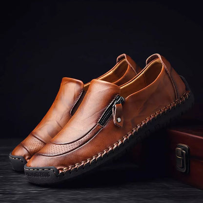 Mocasines sin cordones de cuero cómodos e informales con cremallera lateral hechos a mano para hombre