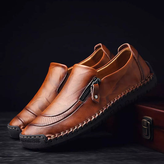Mocasines sin cordones de cuero cómodos e informales con cremallera lateral hechos a mano para hombre