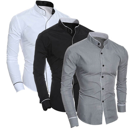 Camisa de cuello alto simple de color sólido clásico delgado para hombre
