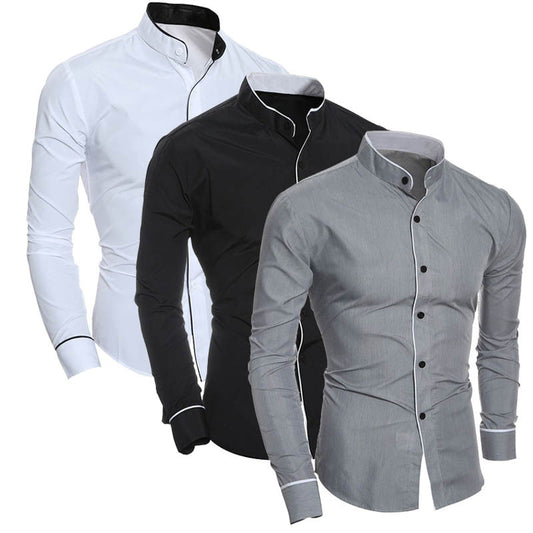 Camisa de cuello alto simple de color sólido clásico delgado para hombre