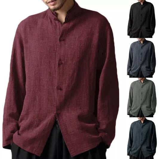 🔥🔥Camisa de corte holgado de lino y algodón de manga larga