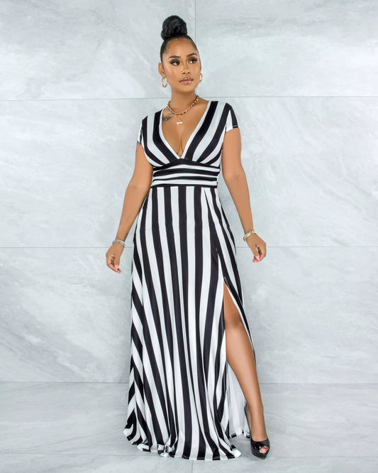 Maxivestido sexy de rayas y cintura alta