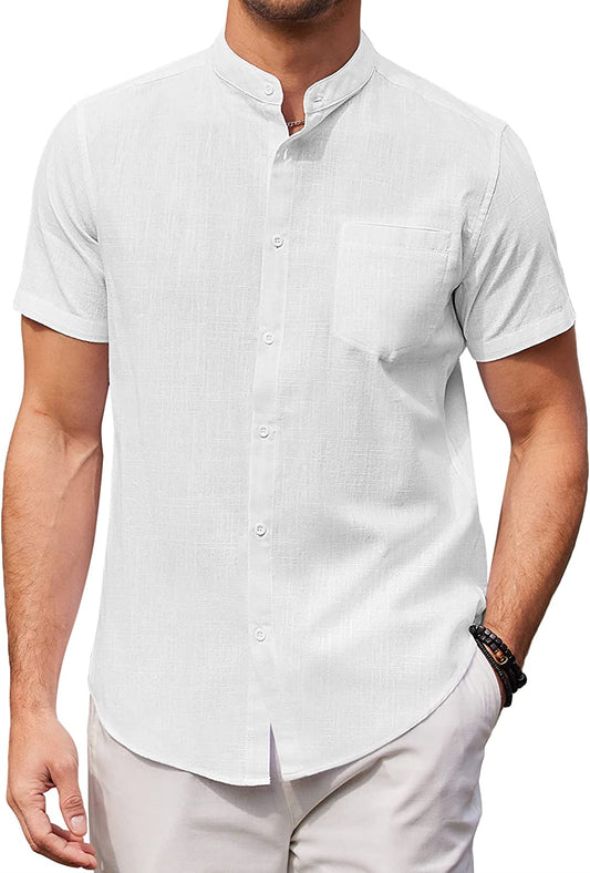 Camisa de manga corta de lino y algodón con cuello alto para hombre