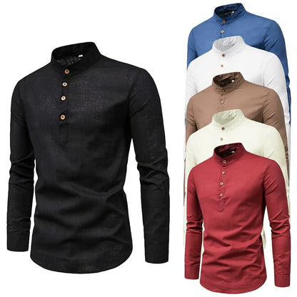 Camisa de pie de manga larga sólida delgada de moda para hombres
