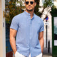 Camisa de manga corta de lino y algodón con cuello alto para hombre