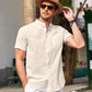Camisa de manga corta de lino y algodón con cuello alto para hombre
