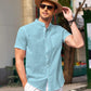 Camisa de manga corta de lino y algodón con cuello alto para hombre