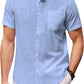 Camisa de manga corta de lino y algodón con cuello alto para hombre