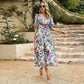 Elegante vestido estampado con escote en V en la cintura(Compre más gratis más)