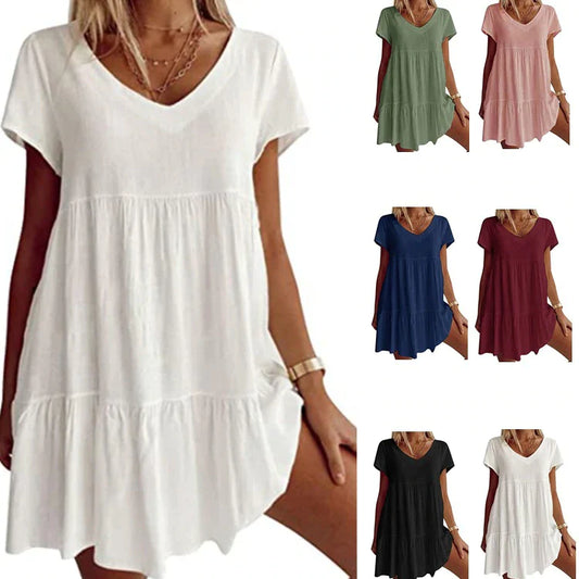 VESTIDO CASUAL DE ALGODÓN CON CUELLO EN V Y MANGA CORTA