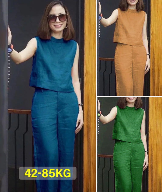 Traje casual de lino de algodón sin mangas de color sólido para mujer🔥Compre 2 envío gratis🔥