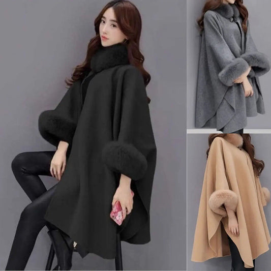 [El mejor regalo para ella] Elegante abrigo poncho suelto con cuello de piel sintética de color sólido