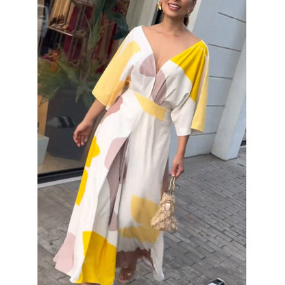 Vestido de mujer con cuello en V y cintura alta